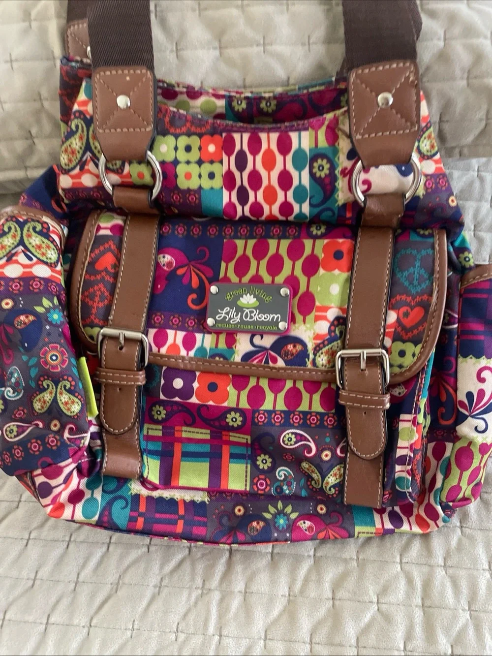 Lily Bloom Multicolor Patchwork Floral & Paisley Backpack with Brown Trim